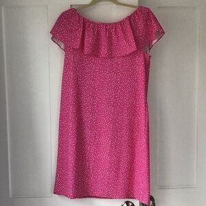 Sara Campbell Pink Off-Shoulder Ruffle Dress with White Dot Print